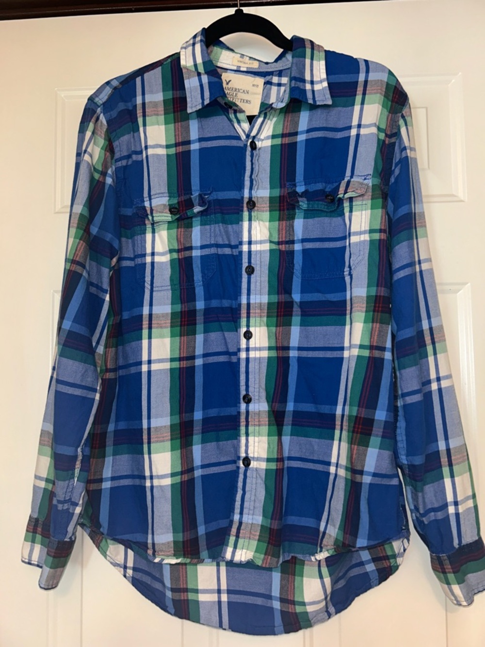 American Eagle Outfitters Plaid Men’s Button Up Shirt L Blue Cotton Vintage Fit